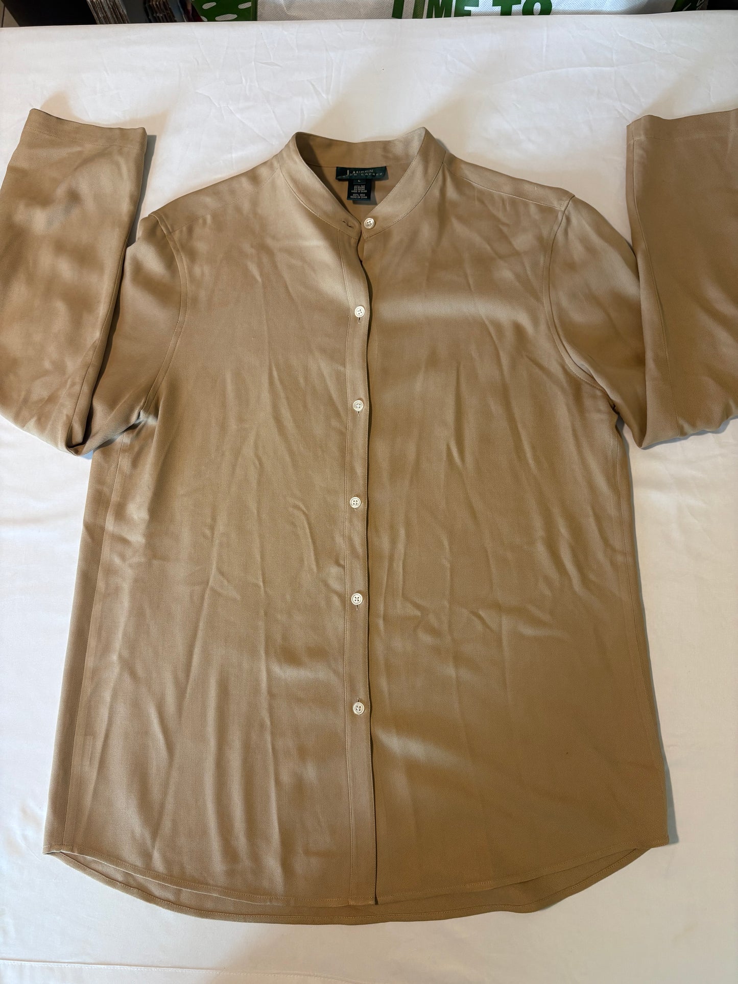 Lauren Ralph Lauren 100% Silk Tan Shirt Large L Band Collar Button Down