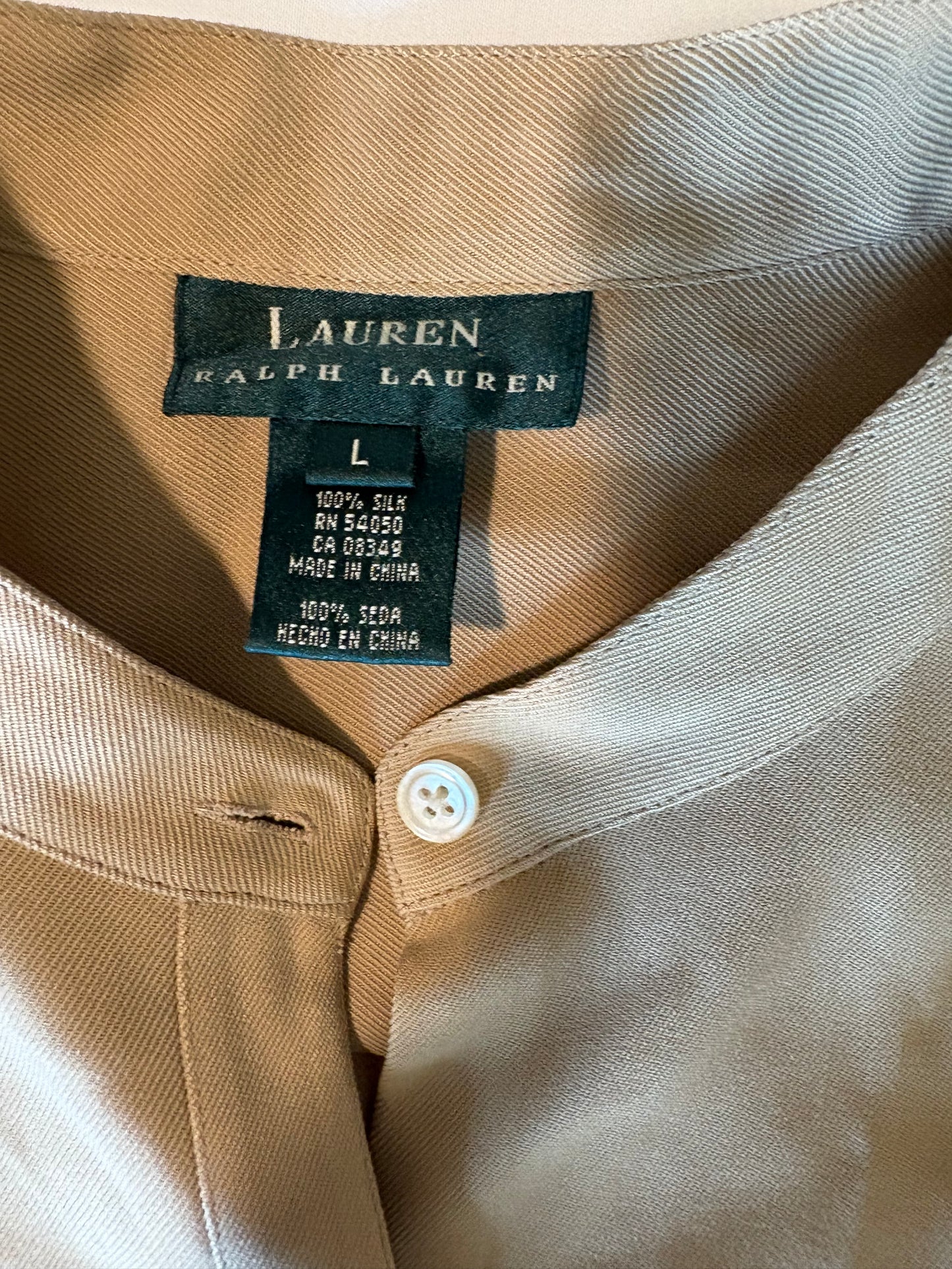 Lauren Ralph Lauren 100% Silk Tan Shirt Large L Band Collar Button Down