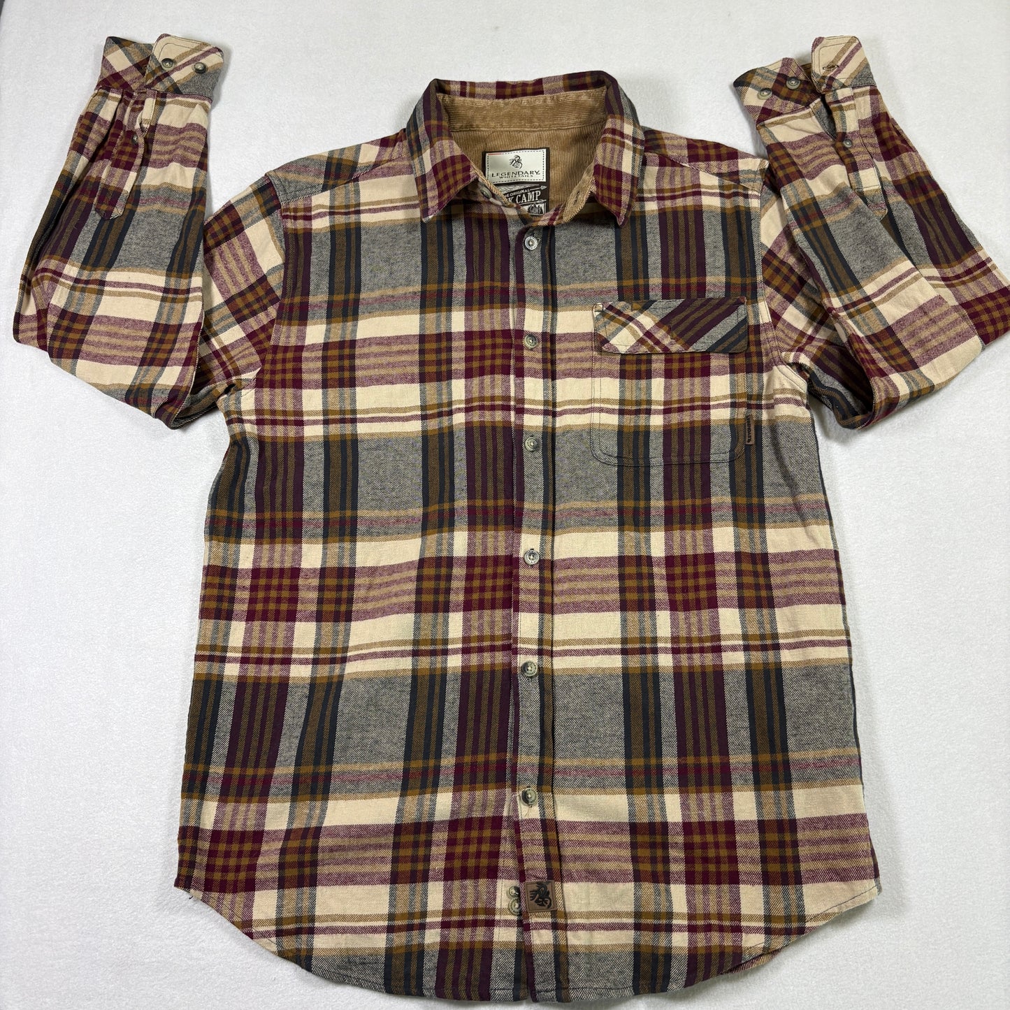 Legendary Whitetails Mens M Buck Camp Flannel Shirt Tan Burgundy Plaid Outdoor