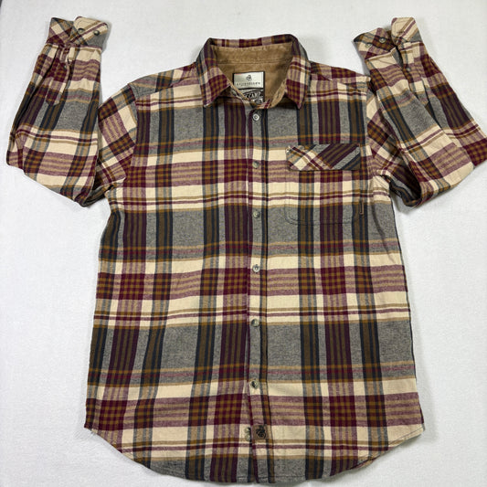 Legendary Whitetails Mens M Buck Camp Flannel Shirt Tan Burgundy Plaid Outdoor