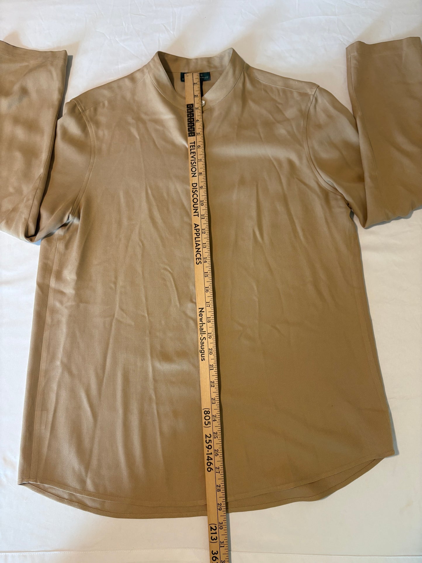 Lauren Ralph Lauren 100% Silk Tan Shirt Large L Band Collar Button Down