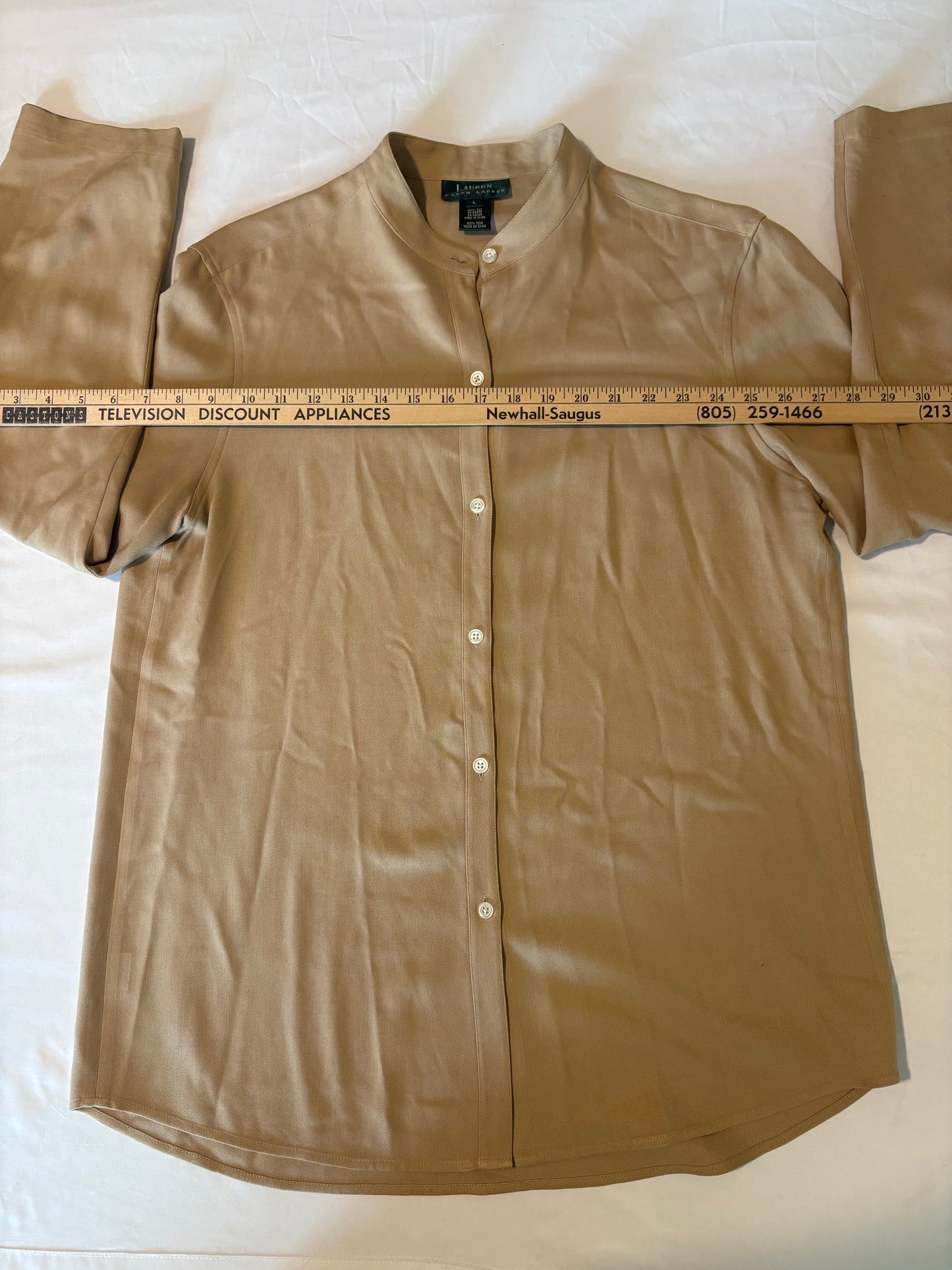 Lauren Ralph Lauren 100% Silk Tan Shirt Large L Band Collar Button Down