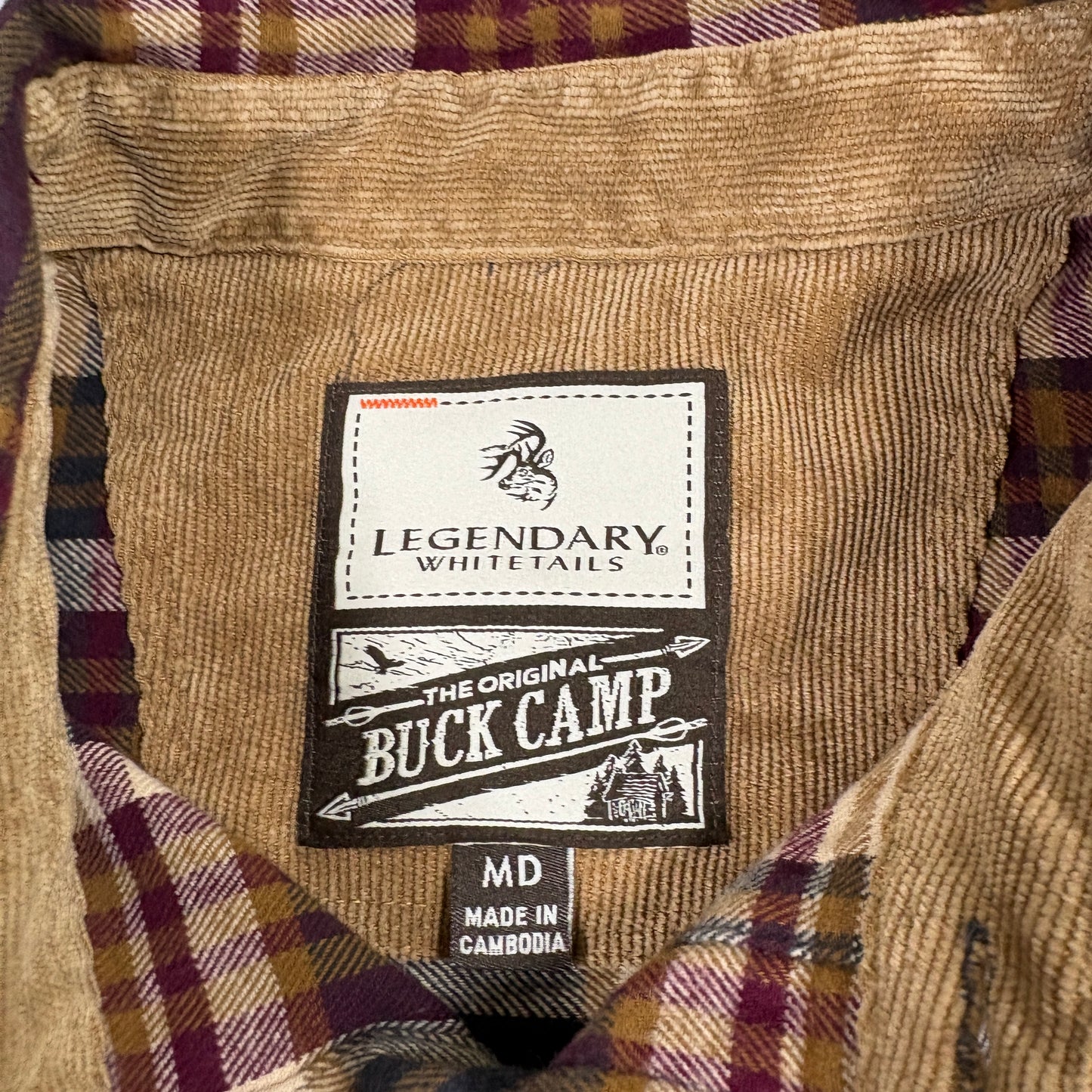 Legendary Whitetails Mens M Buck Camp Flannel Shirt Tan Burgundy Plaid Outdoor