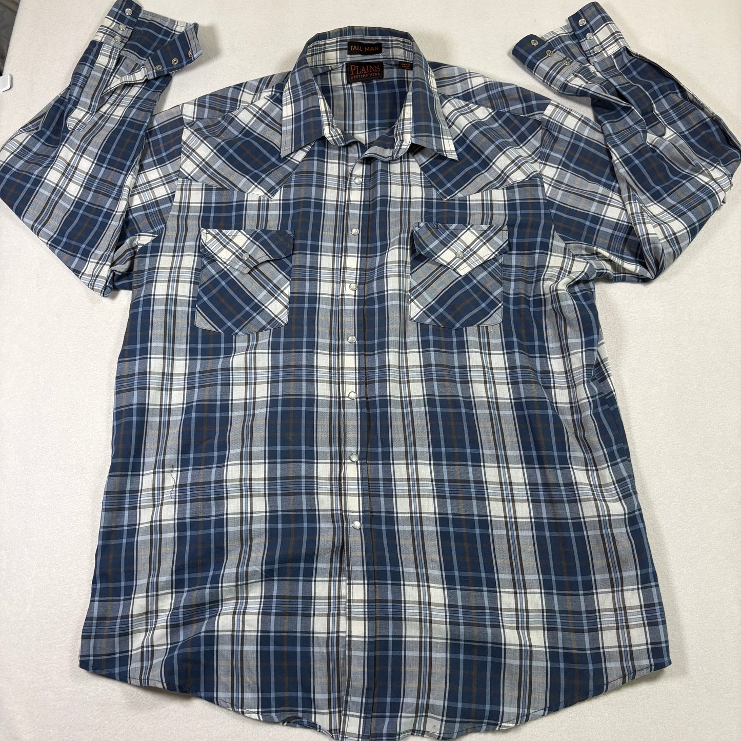 Plains Western Wear Mens XLT Blue Plaid Snap Shirt Pearl Snap Tall Cowboy