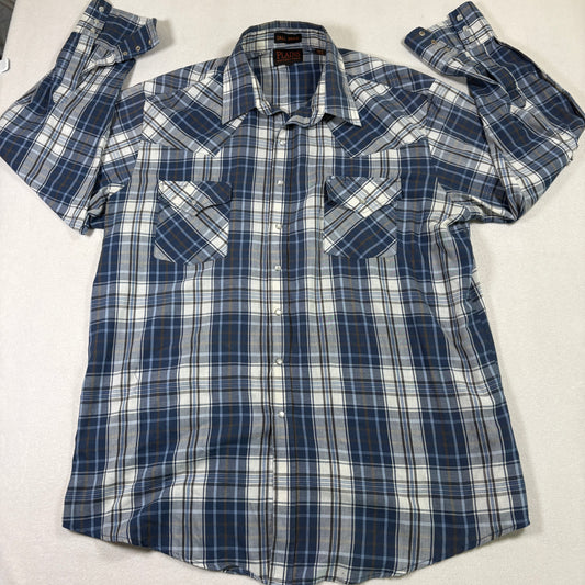 Plains Western Wear Mens XLT Blue Plaid Snap Shirt Pearl Snap Tall Cowboy
