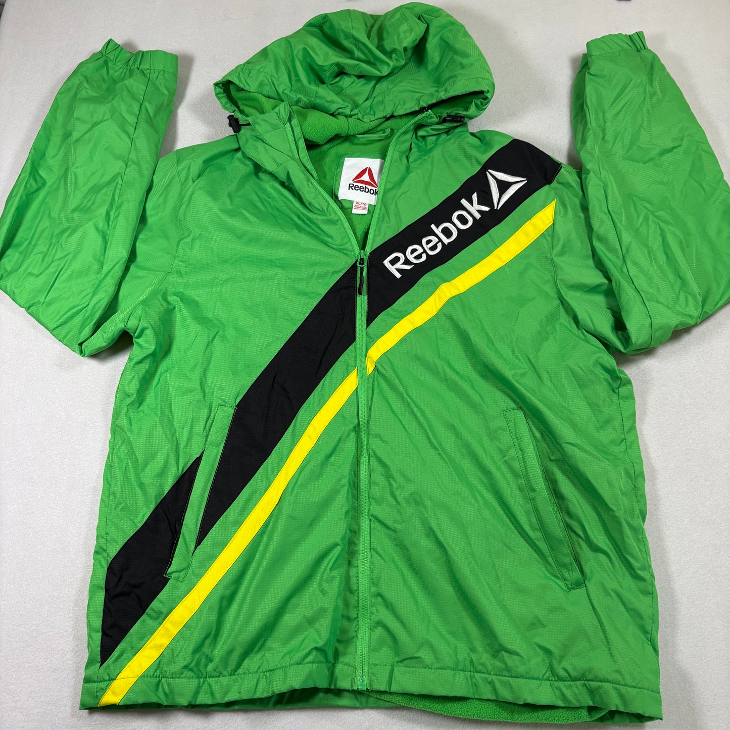 Reebok Mens XL Green Black Yellow Windbreaker Jacket Y2K Retro Track Hoodie