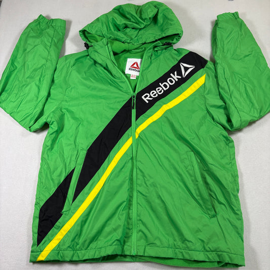 Reebok Mens XL Green Black Yellow Windbreaker Jacket Y2K Retro Track Hoodie