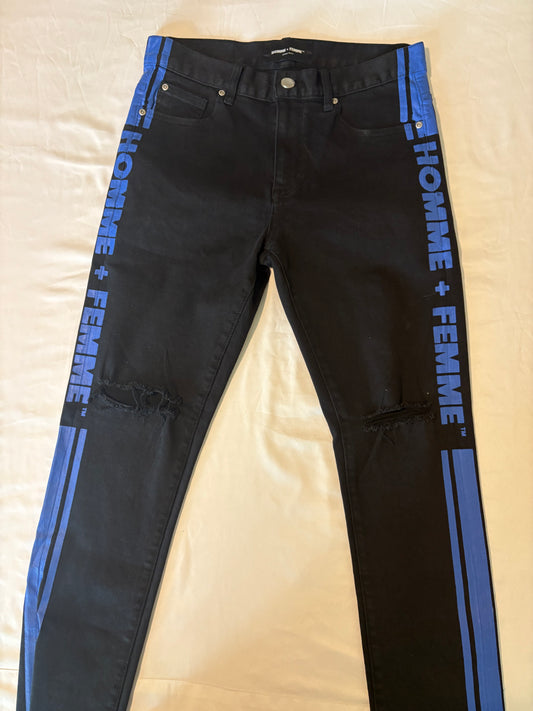 Homme + Femme Black Skinny Jeans Mens 32 – Distressed Blue Stripe Logo Pants