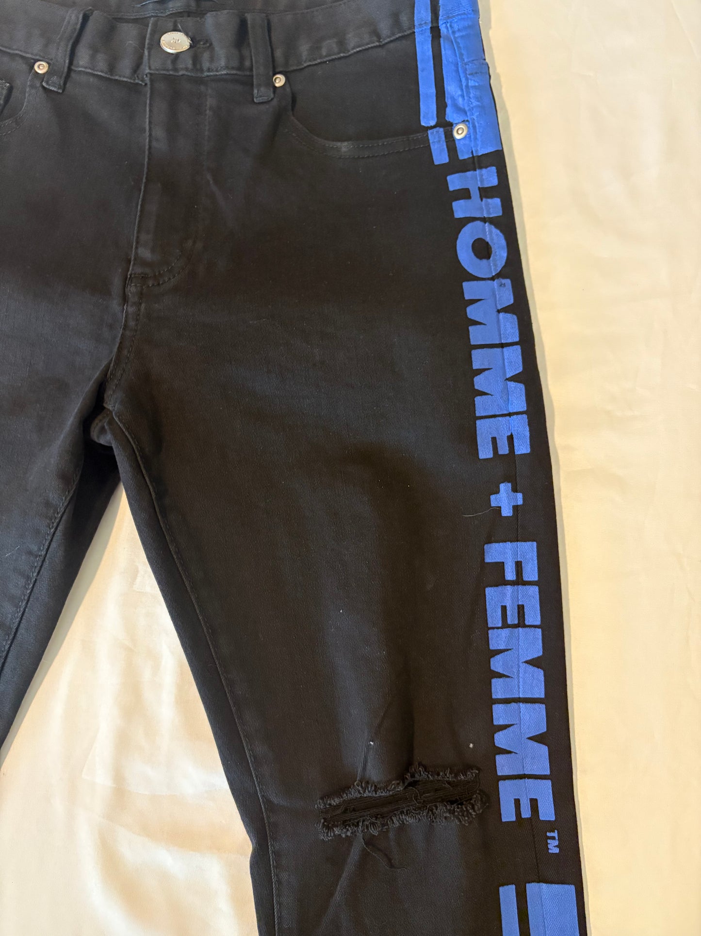 Homme + Femme Black Skinny Jeans Mens 32 – Distressed Blue Stripe Logo Pants