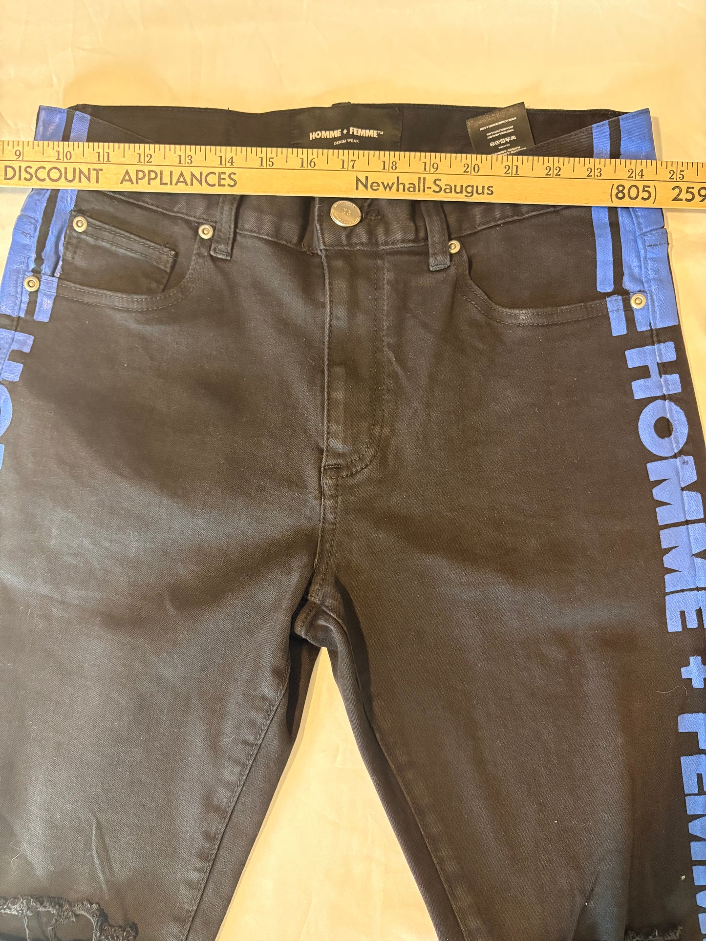 Homme + Femme Black Skinny Jeans Mens 32 – Distressed Blue Stripe Logo Pants