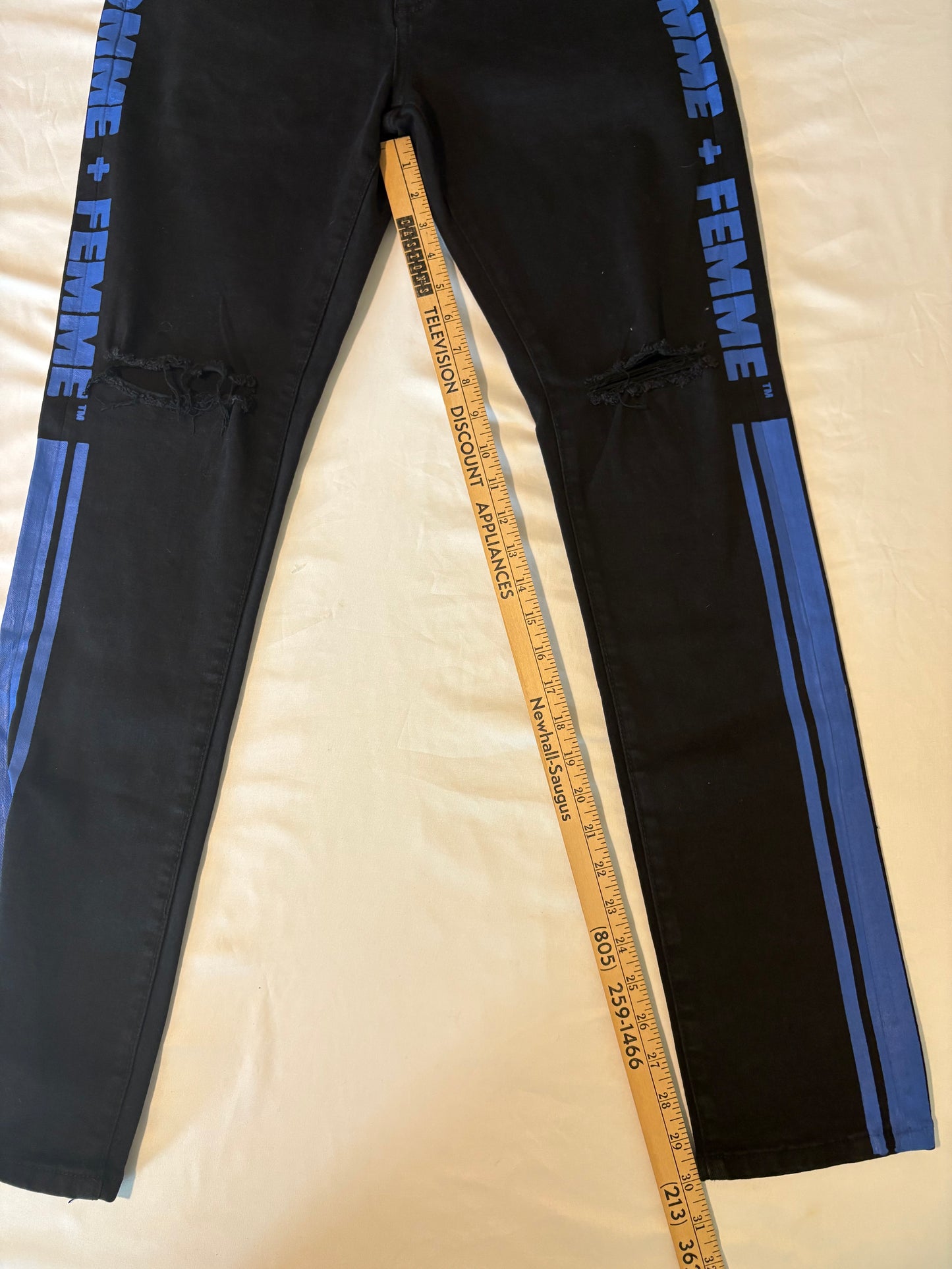 Homme + Femme Black Skinny Jeans Mens 32 – Distressed Blue Stripe Logo Pants