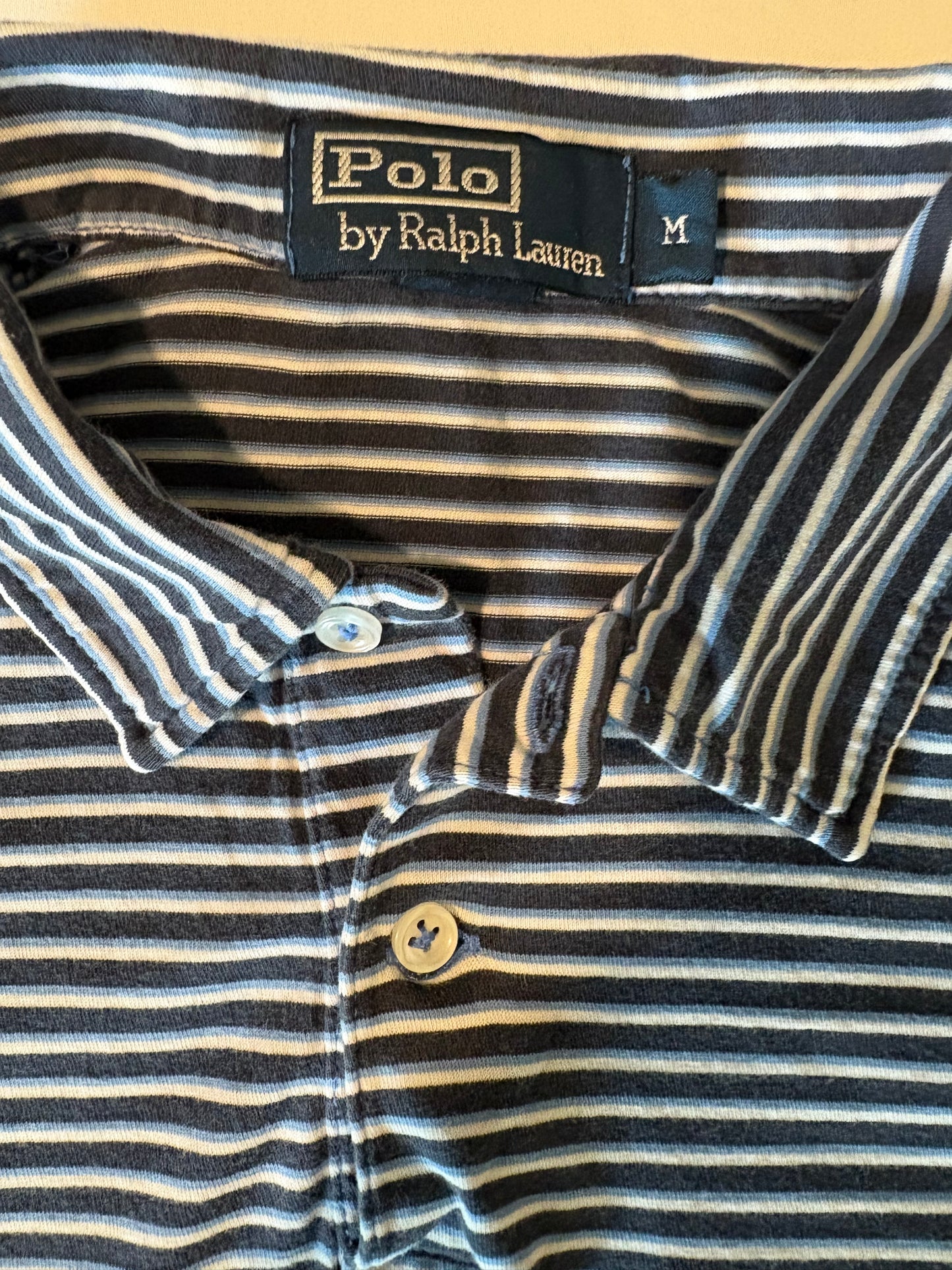 Polo by Ralph Lauren Men’s Shirt M Navy Blue Striped Short Sleeve Pocket Classic Fit