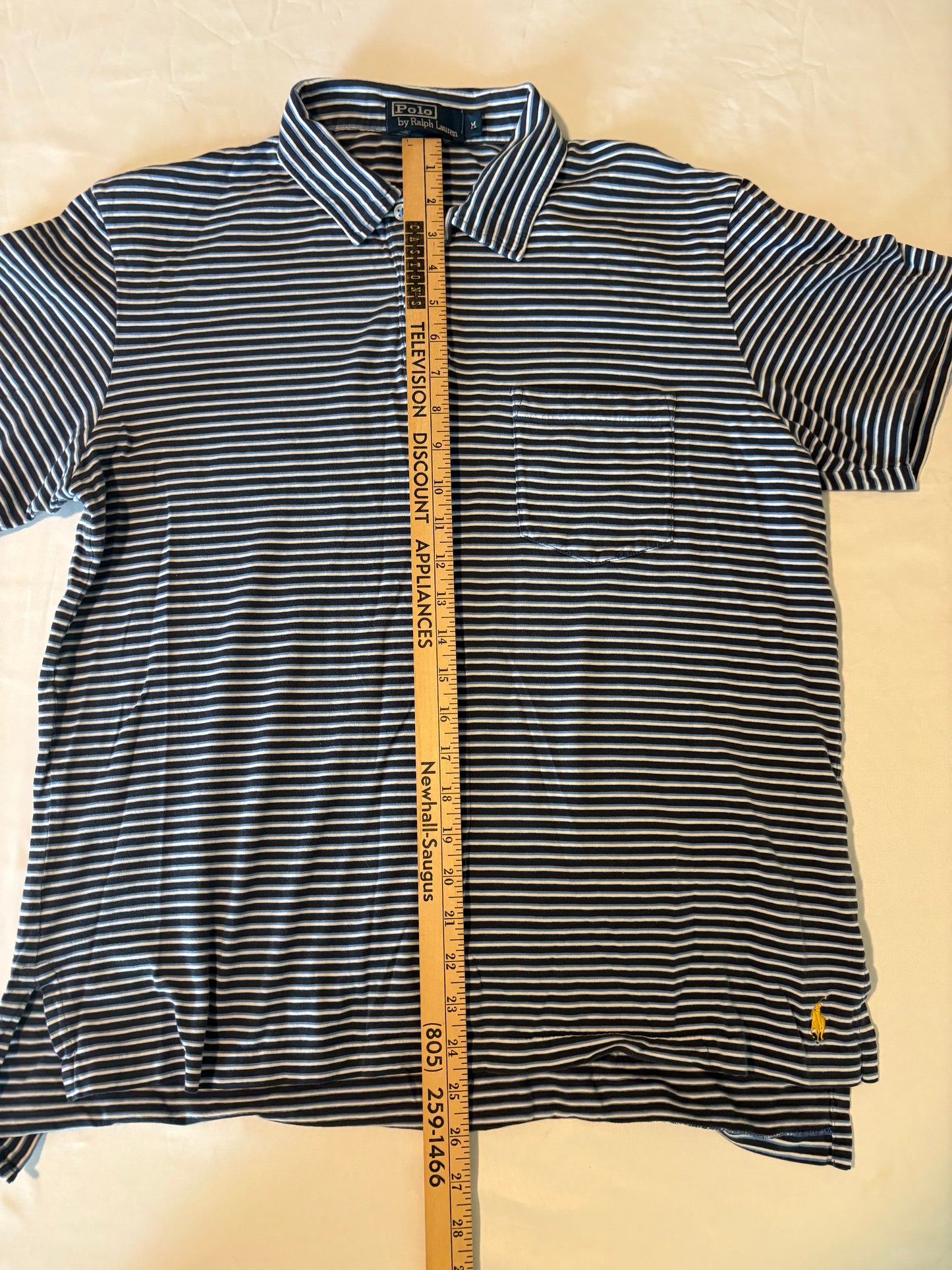 Polo by Ralph Lauren Men’s Shirt M Navy Blue Striped Short Sleeve Pocket Classic Fit