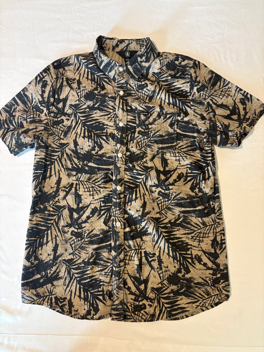 Volcom Men's Shirt M Button-Up Palm Print Short Sleeve Black Tan Casual Surf Style