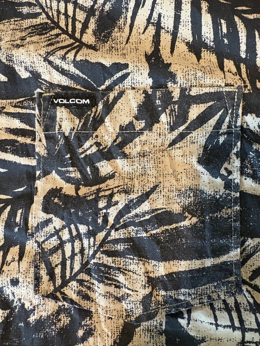 Volcom Men's Shirt M Button-Up Palm Print Short Sleeve Black Tan Casual Surf Style