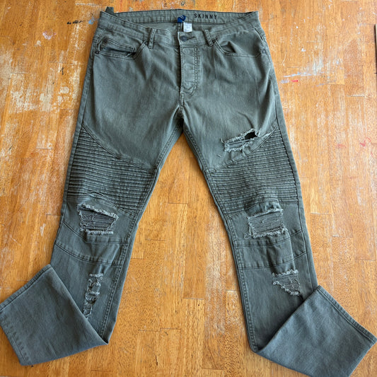 Skinny Moto Distressed Jeans H&M Tag 33 Fits Like 32X31 Olive Green Biker