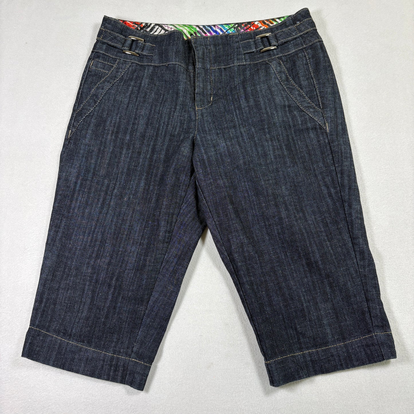 One Jane Womens 10 Dark Wash Denim Capri Pants Cuffed Mid Rise Stretch Cropped