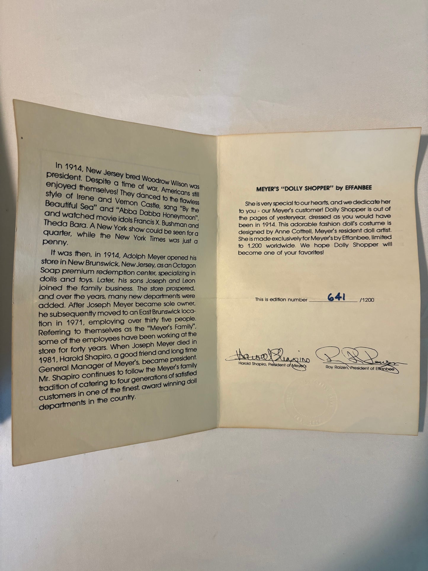 Meyer's 1914 Dolly Shopper by Effanbee – Limited Edition #641/1200 – COA Included