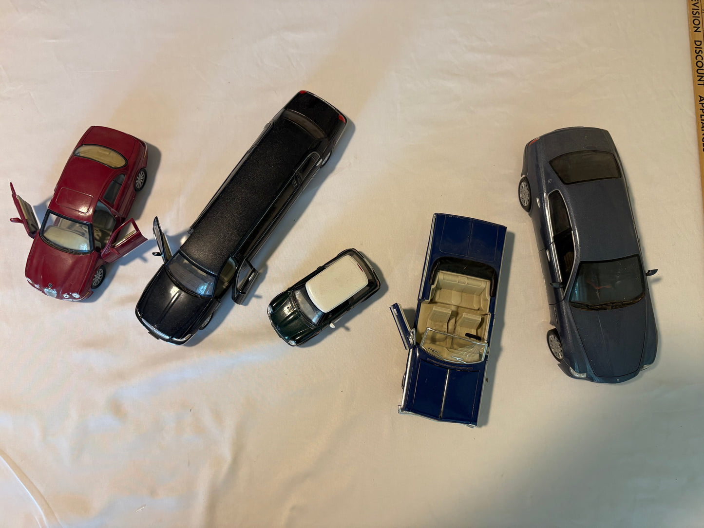 Lot of 5 Die-Cast Metal Cars – 1:24 Scale Assorted Models – Limo, Mini, Convertible