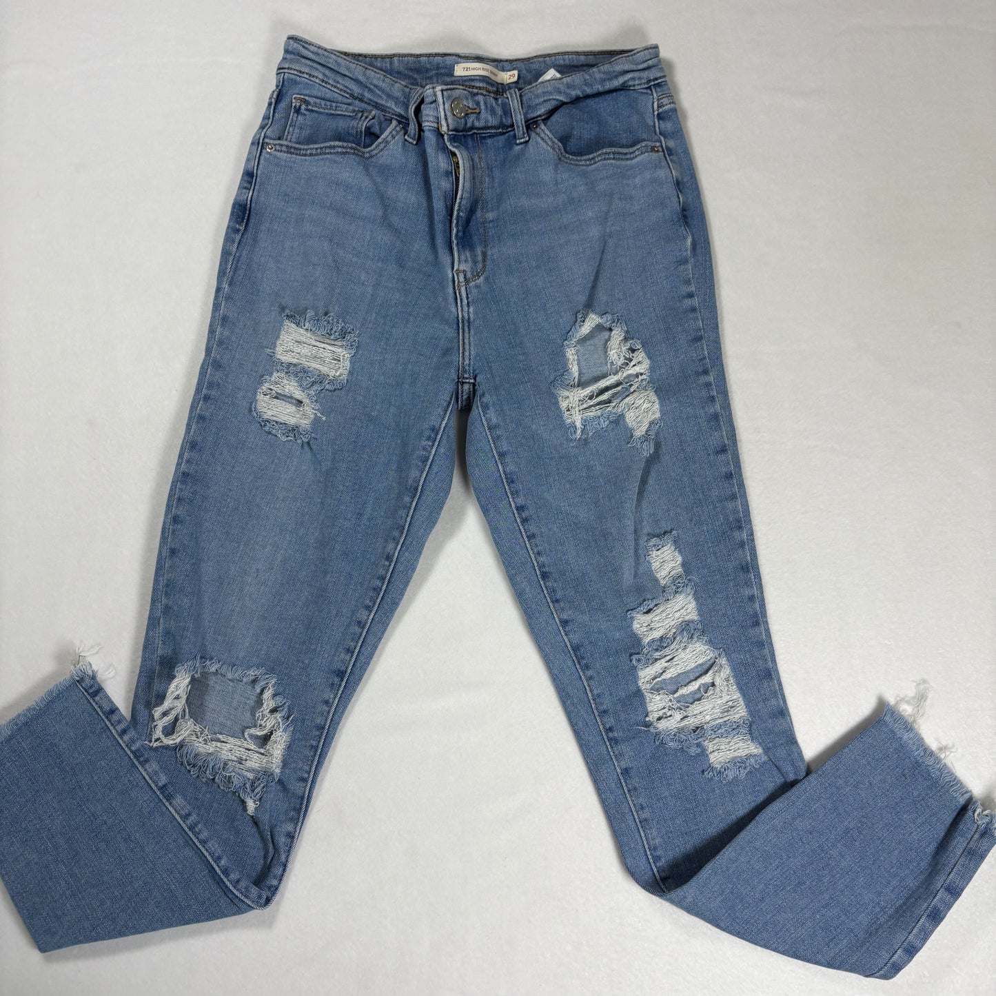 Levis Womens 721 Jeans 29 High Rise Skinny Blue Distressed Hem Stretch Denim