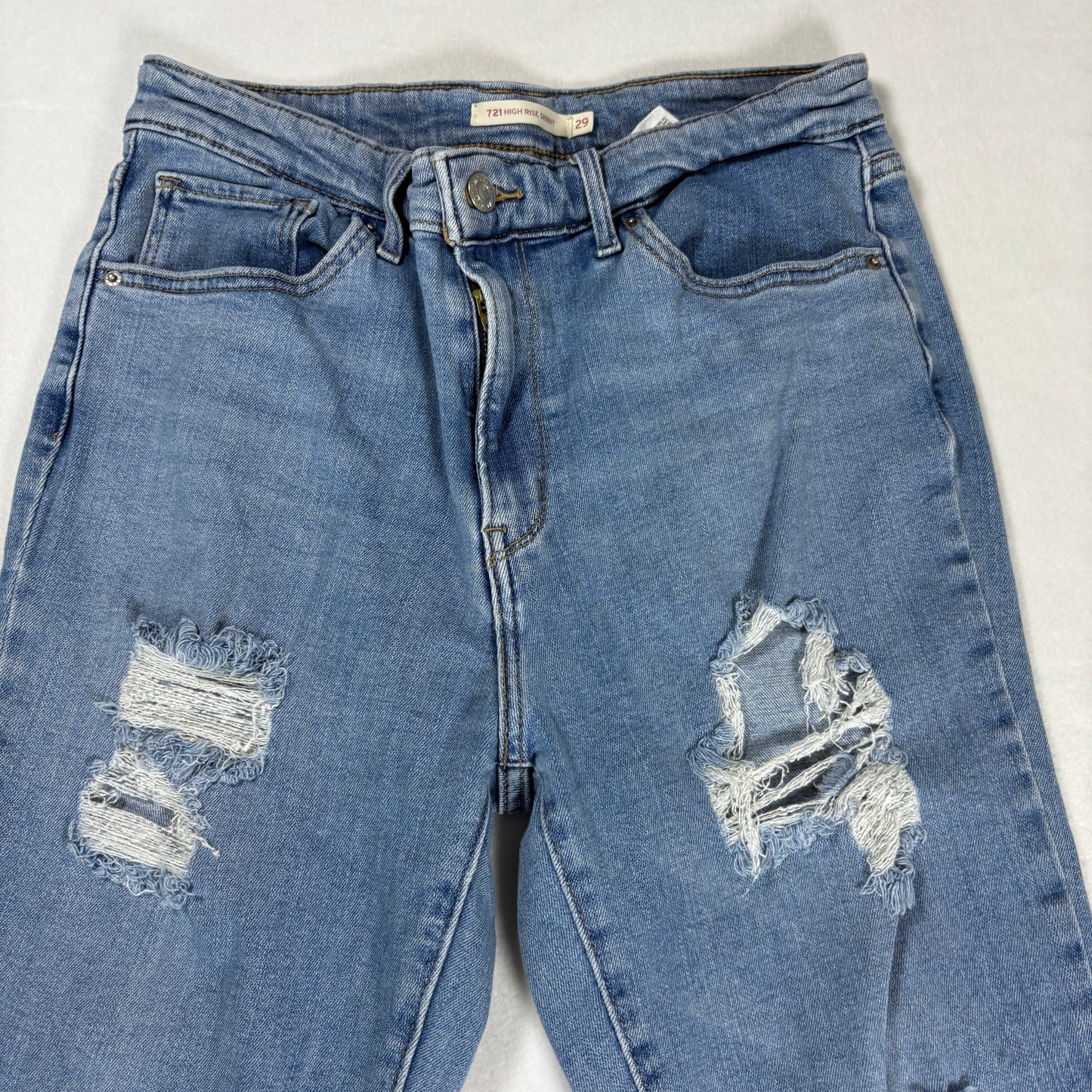 Levis Womens 721 Jeans 29 High Rise Skinny Blue Distressed Hem Stretch Denim