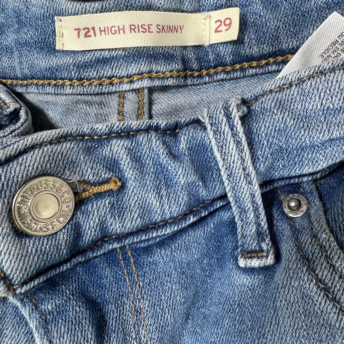 Levis Womens 721 Jeans 29 High Rise Skinny Blue Distressed Hem Stretch Denim