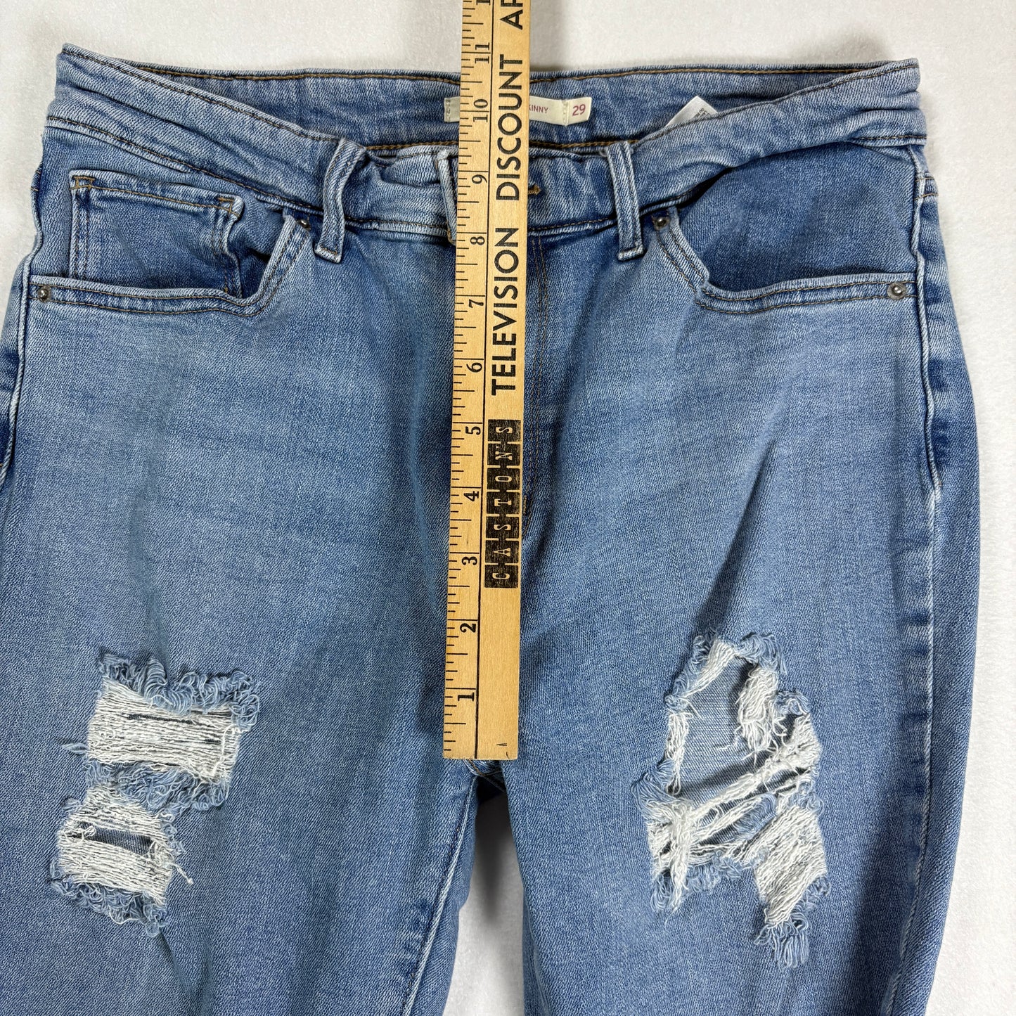 Levis Womens 721 Jeans 29 High Rise Skinny Blue Distressed Hem Stretch Denim