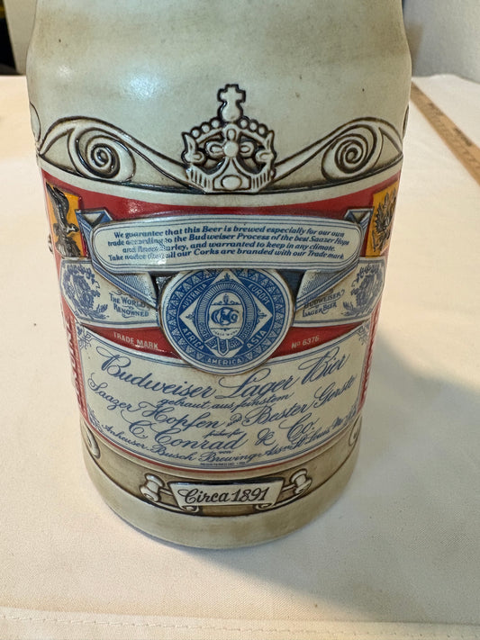 1990 Budweiser Label Stein Beer Mug Ceramarte Brazil Circa 1891 Collectible