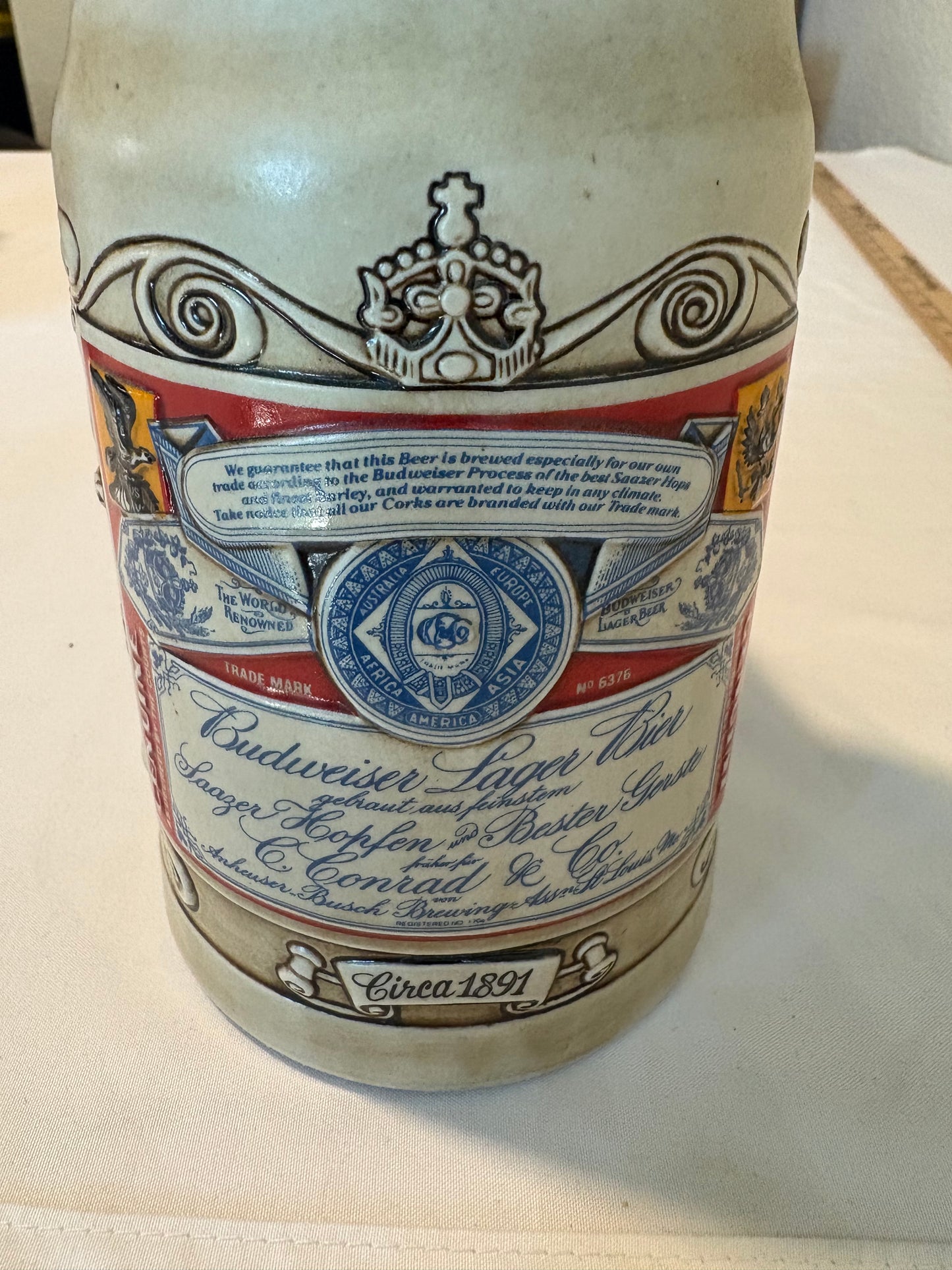 1990 Budweiser Label Stein Beer Mug Ceramarte Brazil Circa 1891 Collectible