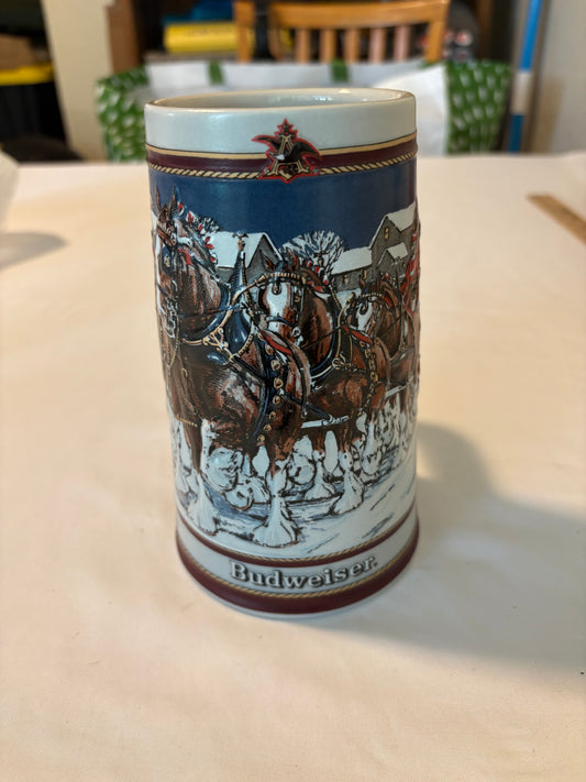 1989 Budweiser Clydesdale Stein Collector’s Series Winter Scene Ceramic Mug 7"