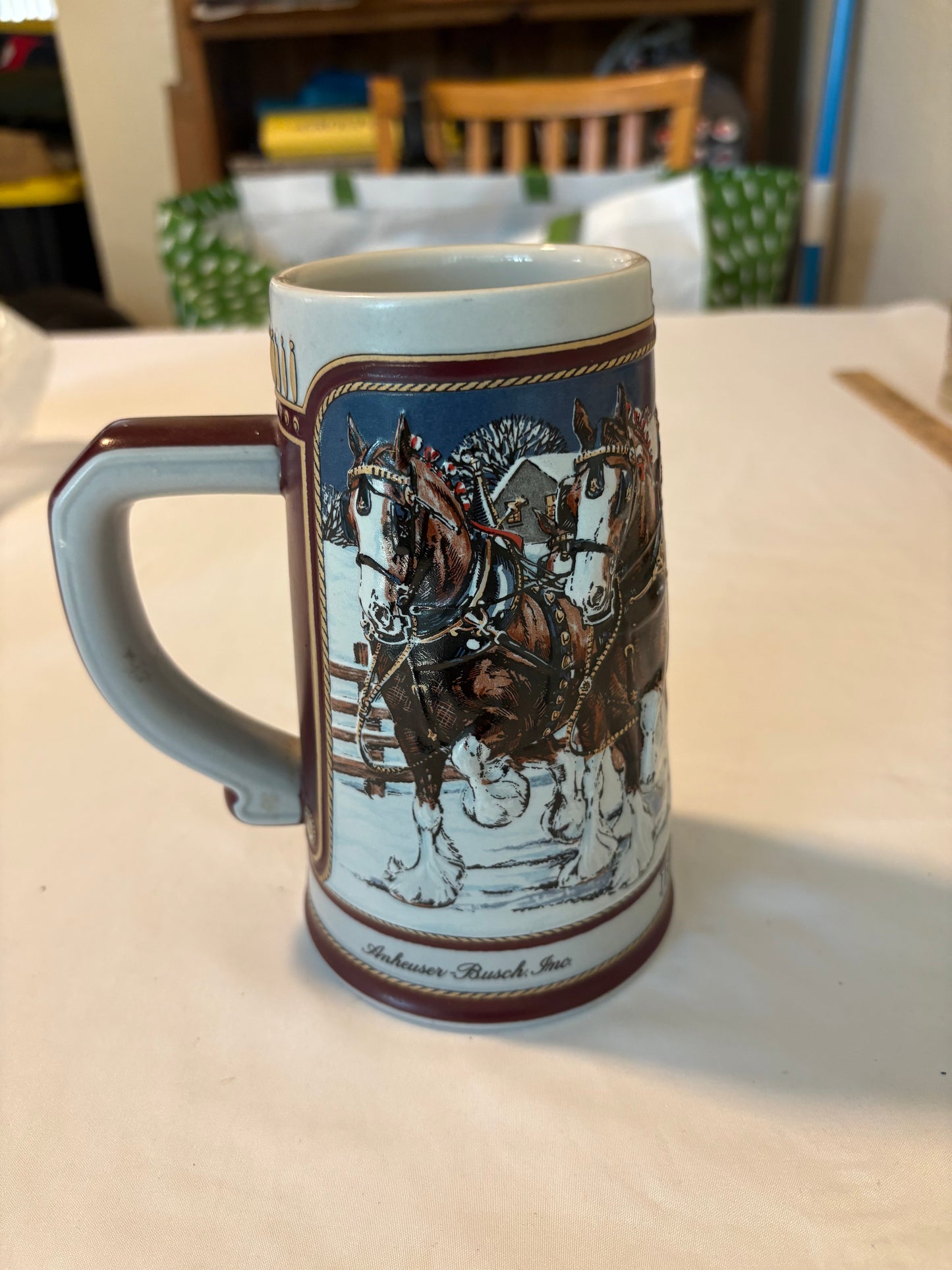 1989 Budweiser Clydesdale Stein Collector’s Series Winter Scene Ceramic Mug 7"