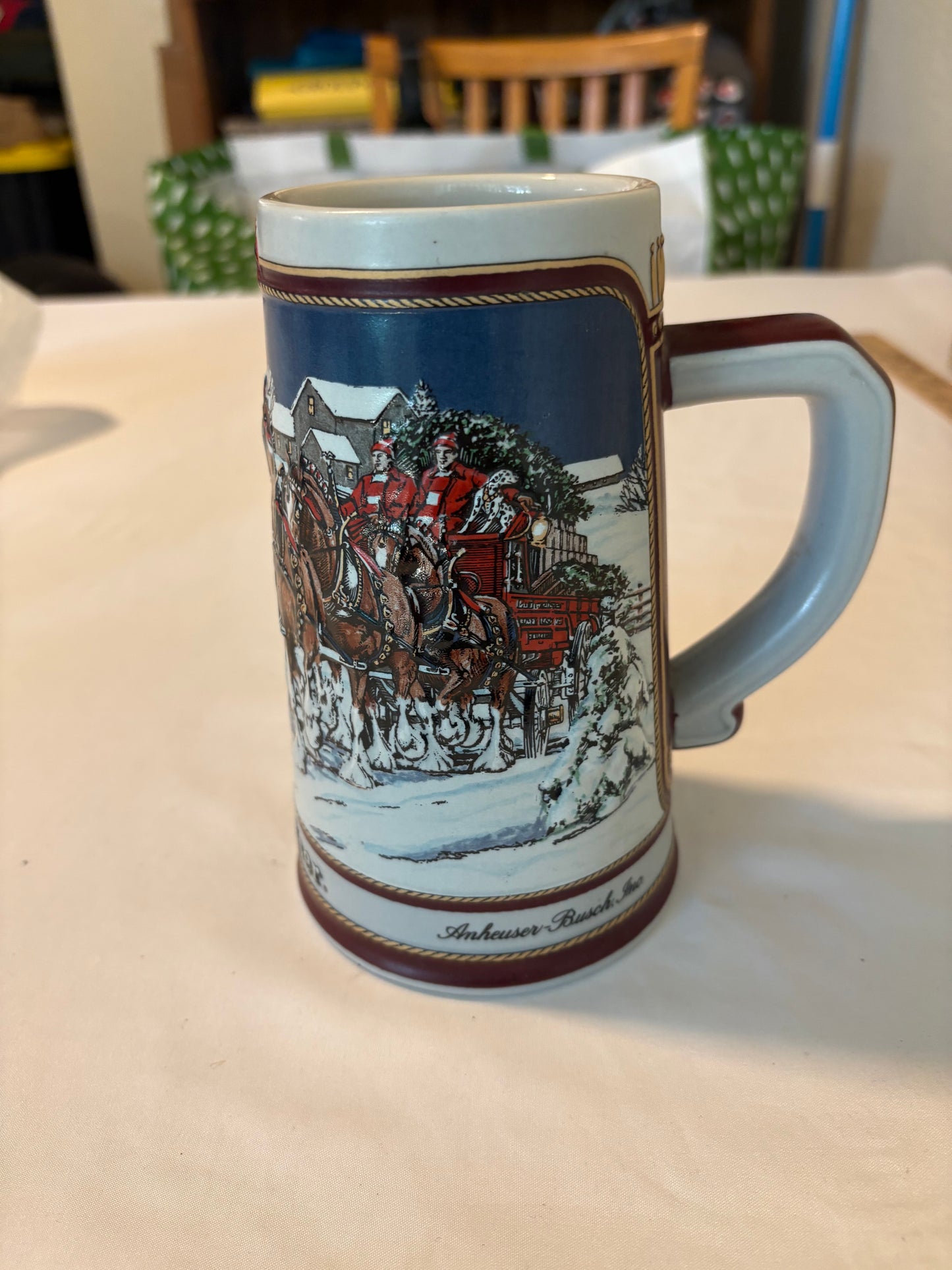 1989 Budweiser Clydesdale Stein Collector’s Series Winter Scene Ceramic Mug 7"