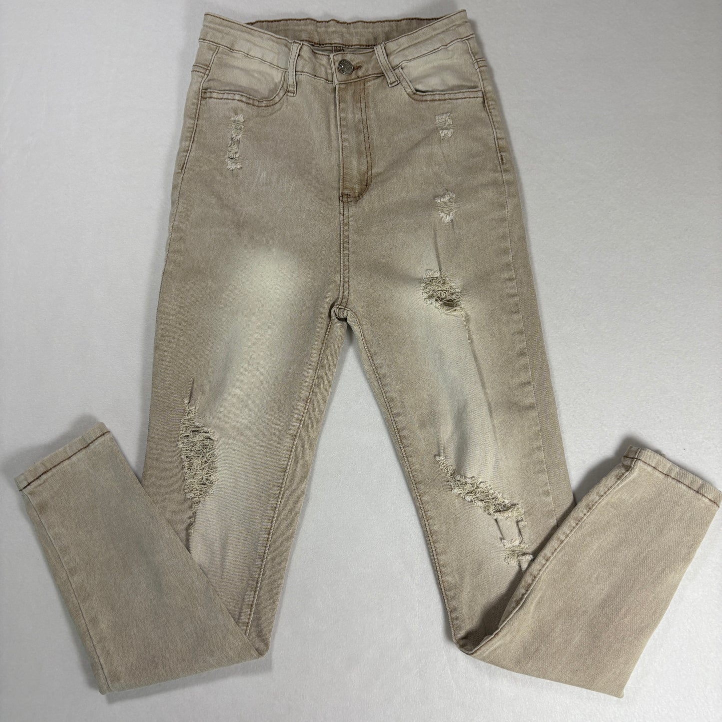 Womens Jeans Size 7 Beige Distressed High Rise Skinny Y2K Vintage Neutral Denim