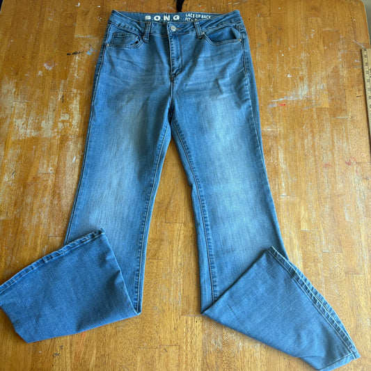 Y2K Lace Up Back Flare Jeans Low Rise Stretch S.O.N.G. 9 Fits Like 29X30 Blue