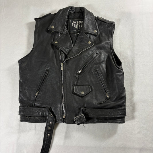 Diamond Leather Mens XL Black Biker Vest Zip Moto Motorcycle Genuine Leather
