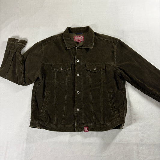 Fossil Brand Mens L Olive Corduroy Trucker Jacket Button Front Vintage Style