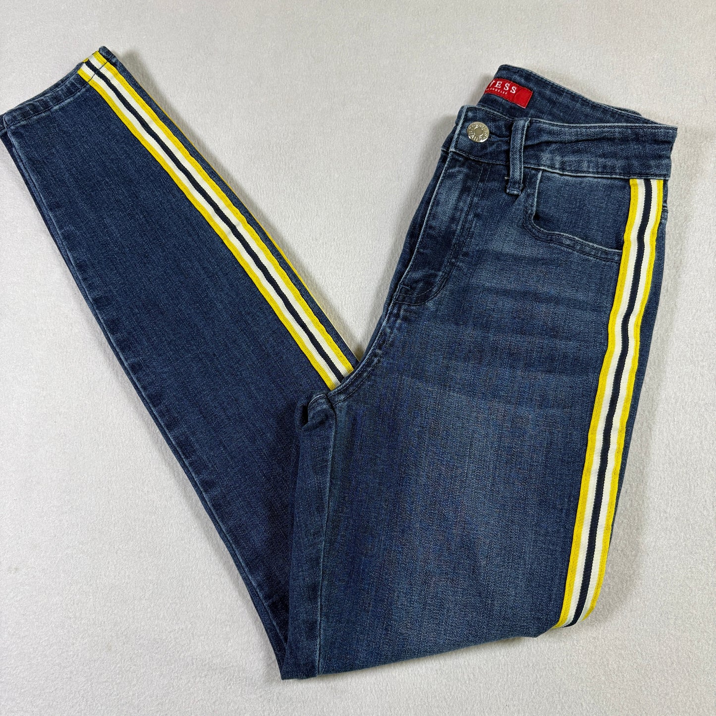 Guess Womens Jeans 24 Blue Yellow Stripe Side Tape Slim Fit Denim Y2K Vintage