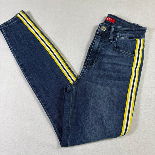 Guess Womens Jeans 24 Blue Yellow Stripe Side Tape Slim Fit Denim Y2K Vintage