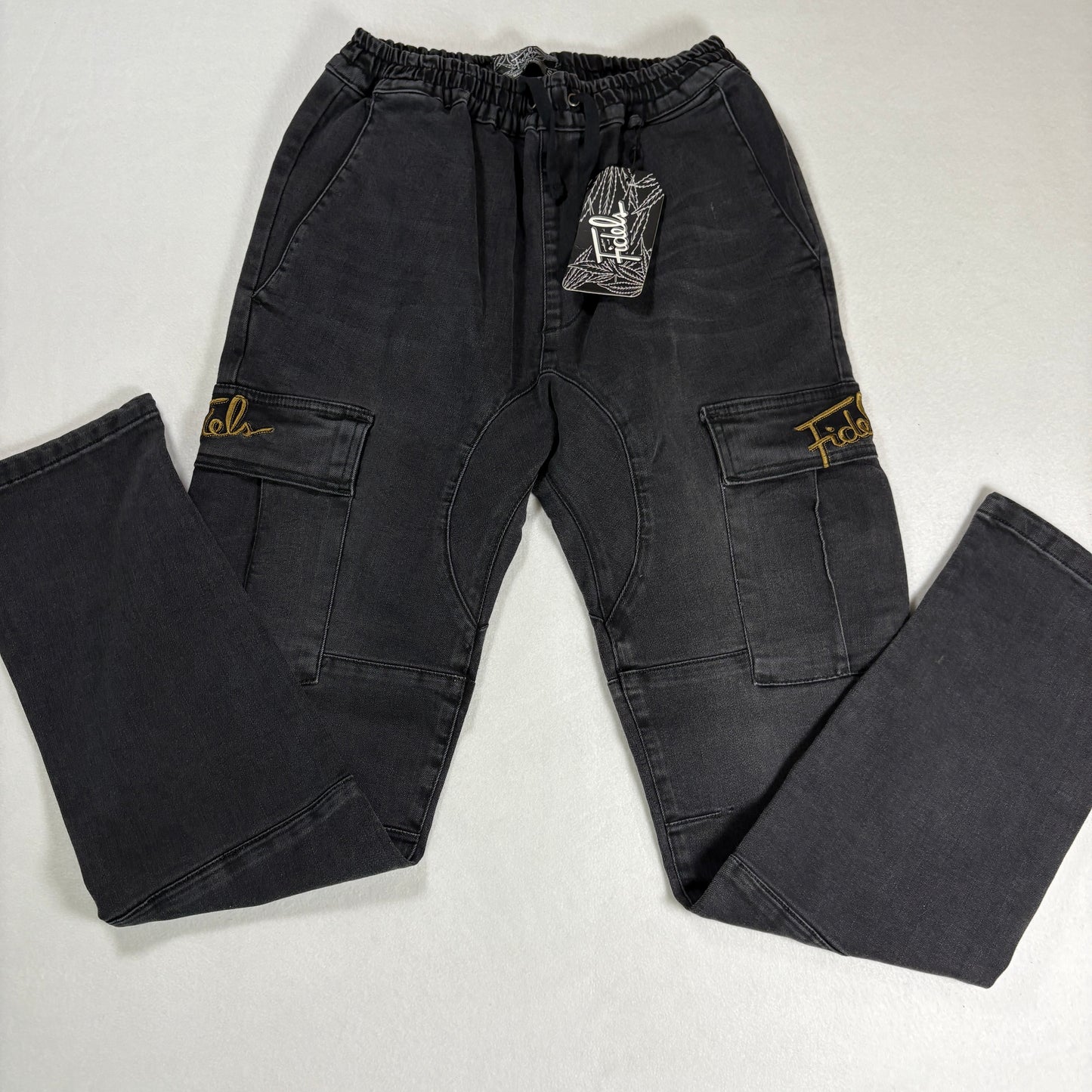 NWT Fidels Mens Cargo Jeans Sz S Black Baggy Streetwear Y2K 90s Grunge Denim