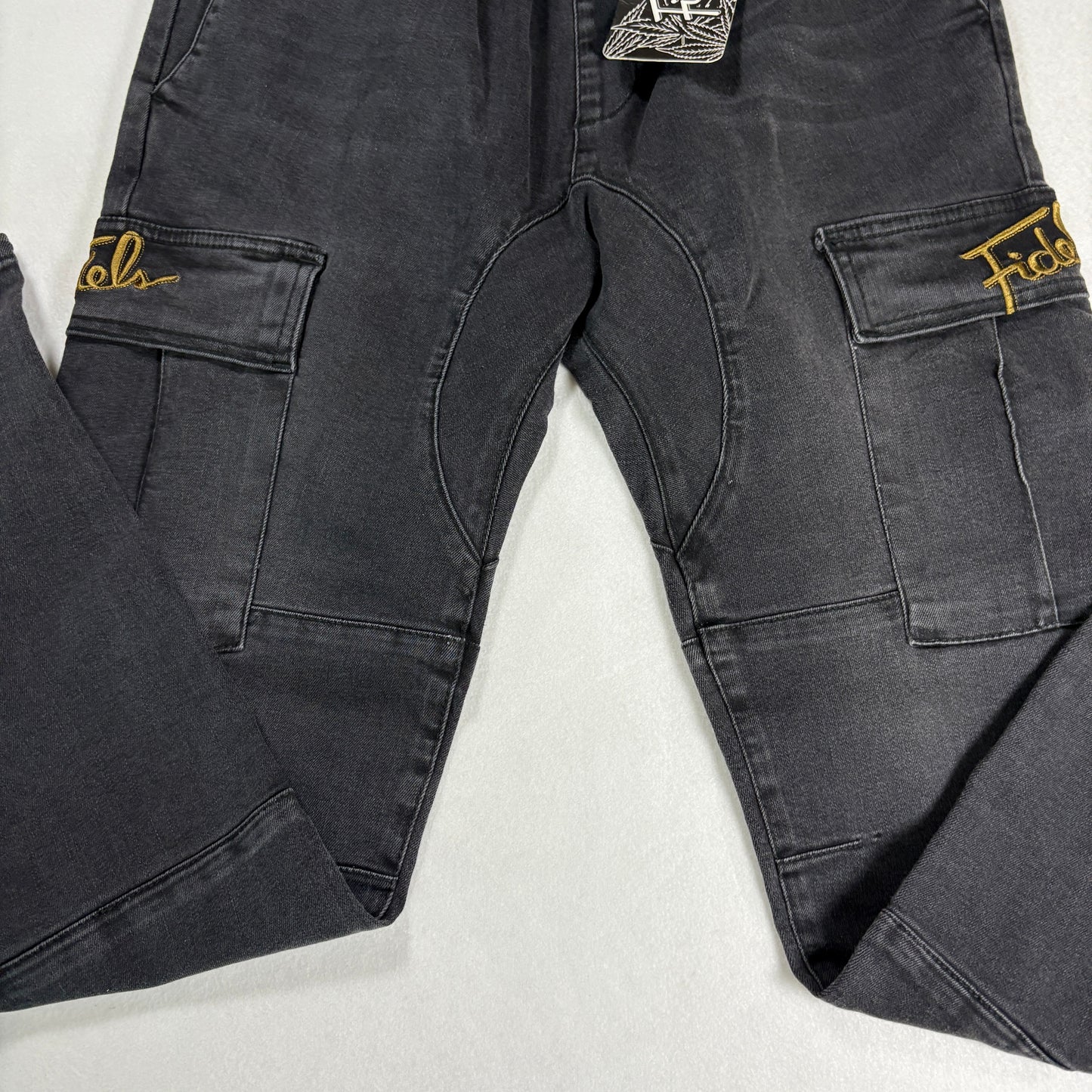 NWT Fidels Mens Cargo Jeans Sz S Black Baggy Streetwear Y2K 90s Grunge Denim