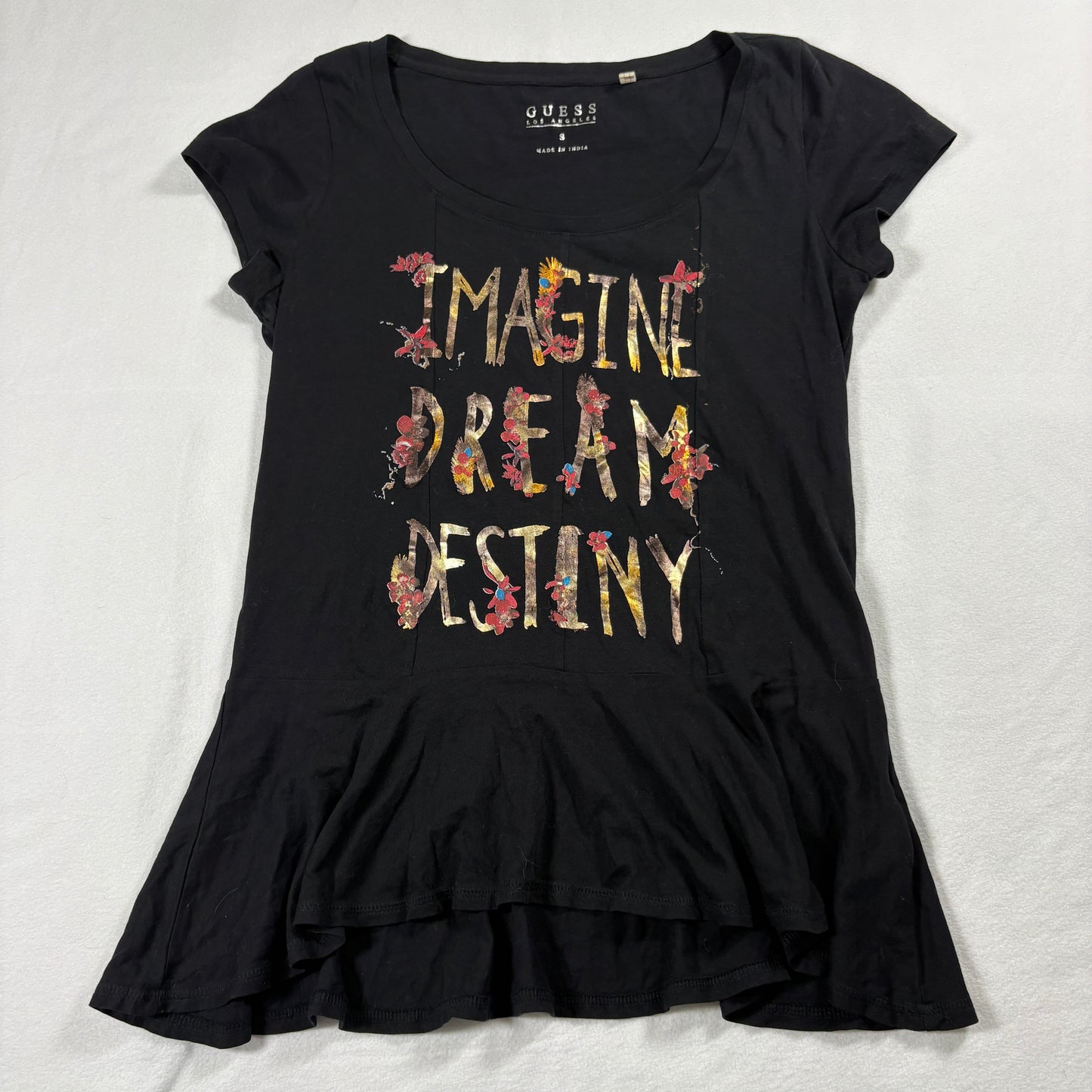 Guess Womens Shirt Small Black Graphic Peplum Tee Imagine Dream Destiny Floral