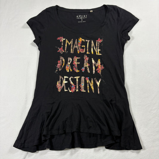 Guess Womens Shirt Small Black Graphic Peplum Tee Imagine Dream Destiny Floral