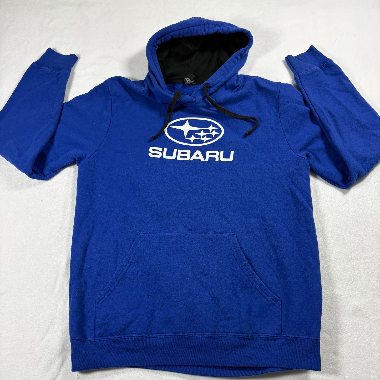 Subaru Mens Hoodie Medium Blue Black Pullover Graphic Logo Sweatshirt Car Racing