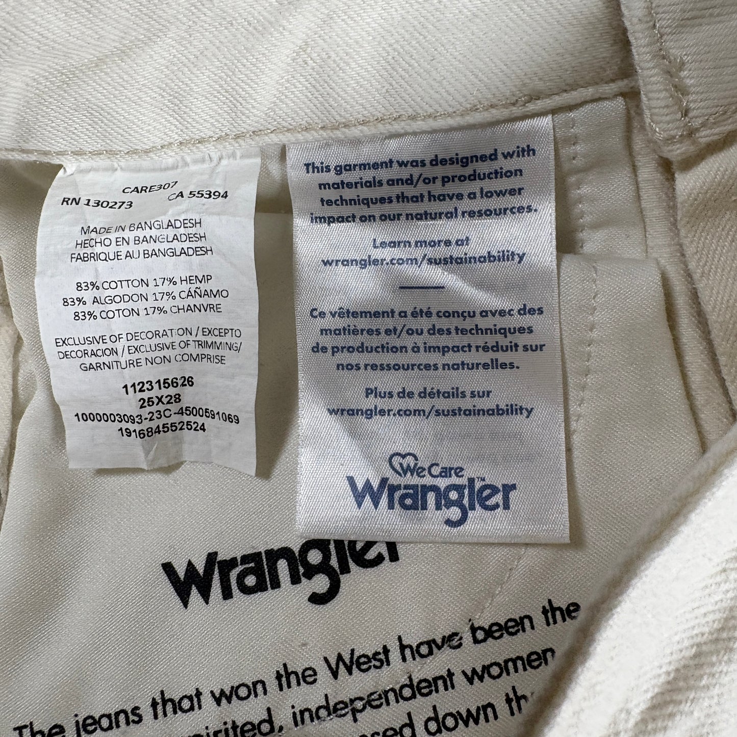 Wrangler Womens Jeans Sz 25 White High Rise Wide Leg Hemp Blend Y2K 90s Vintage