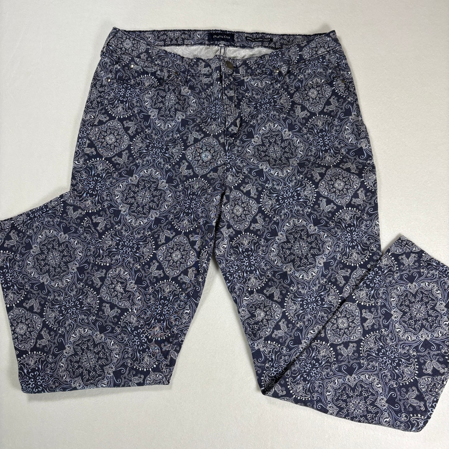 Charter Club Womens Jeans Sz 12 Blue Paisley Print Skinny Ankle Stretch Y2K Boho