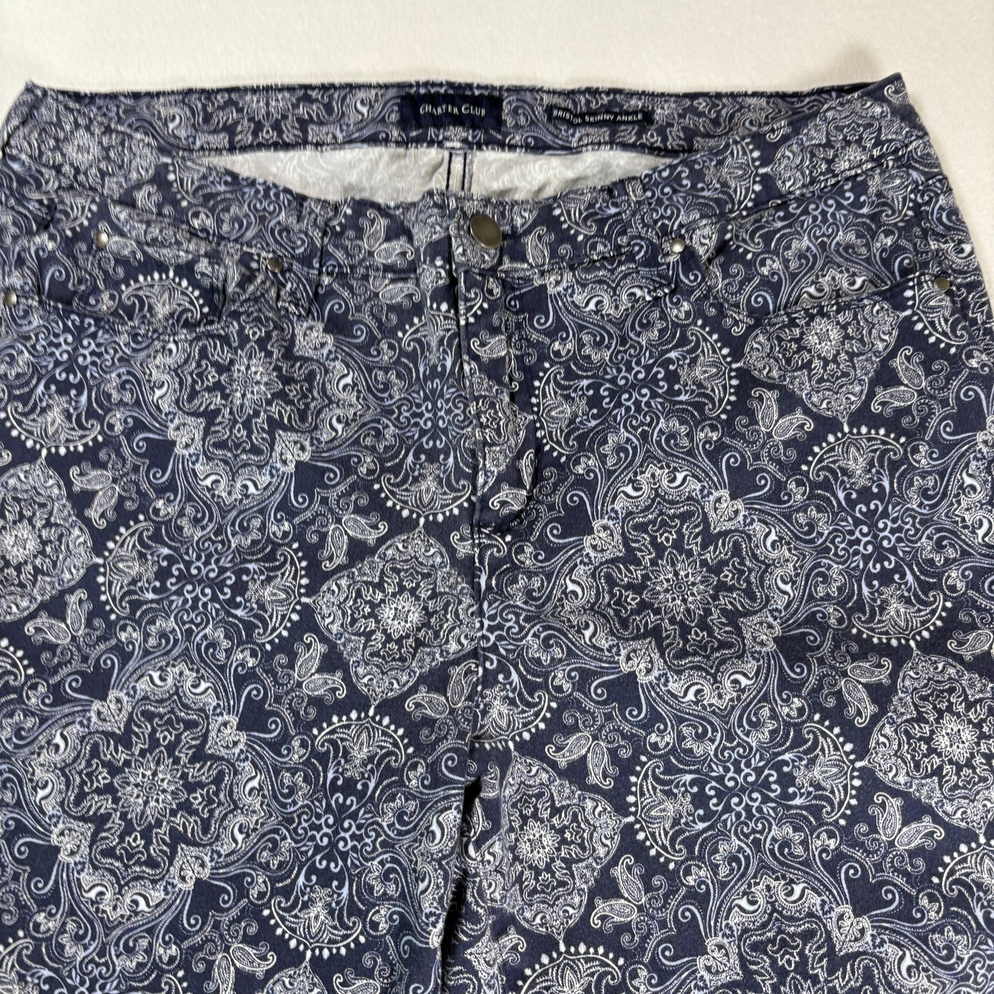 Charter Club Womens Jeans Sz 12 Blue Paisley Print Skinny Ankle Stretch Y2K Boho