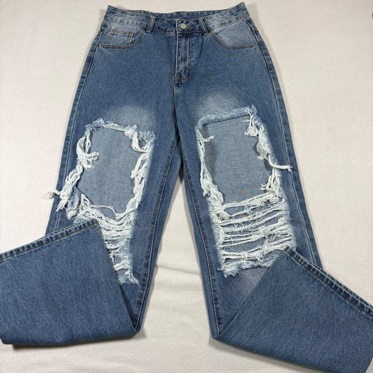 Womens Light Wash Distressed Baggy Y2K Grunge Ripped Jeans Size Large Vintage