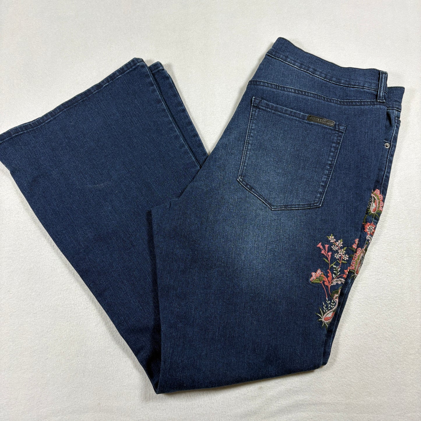 Jessica Simpson Womens Charmed Flare Jeans Size 16W Dark Blue Floral Embroidered