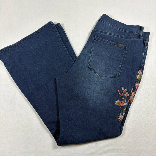 Jessica Simpson Womens Charmed Flare Jeans Size 16W Dark Blue Floral Embroidered