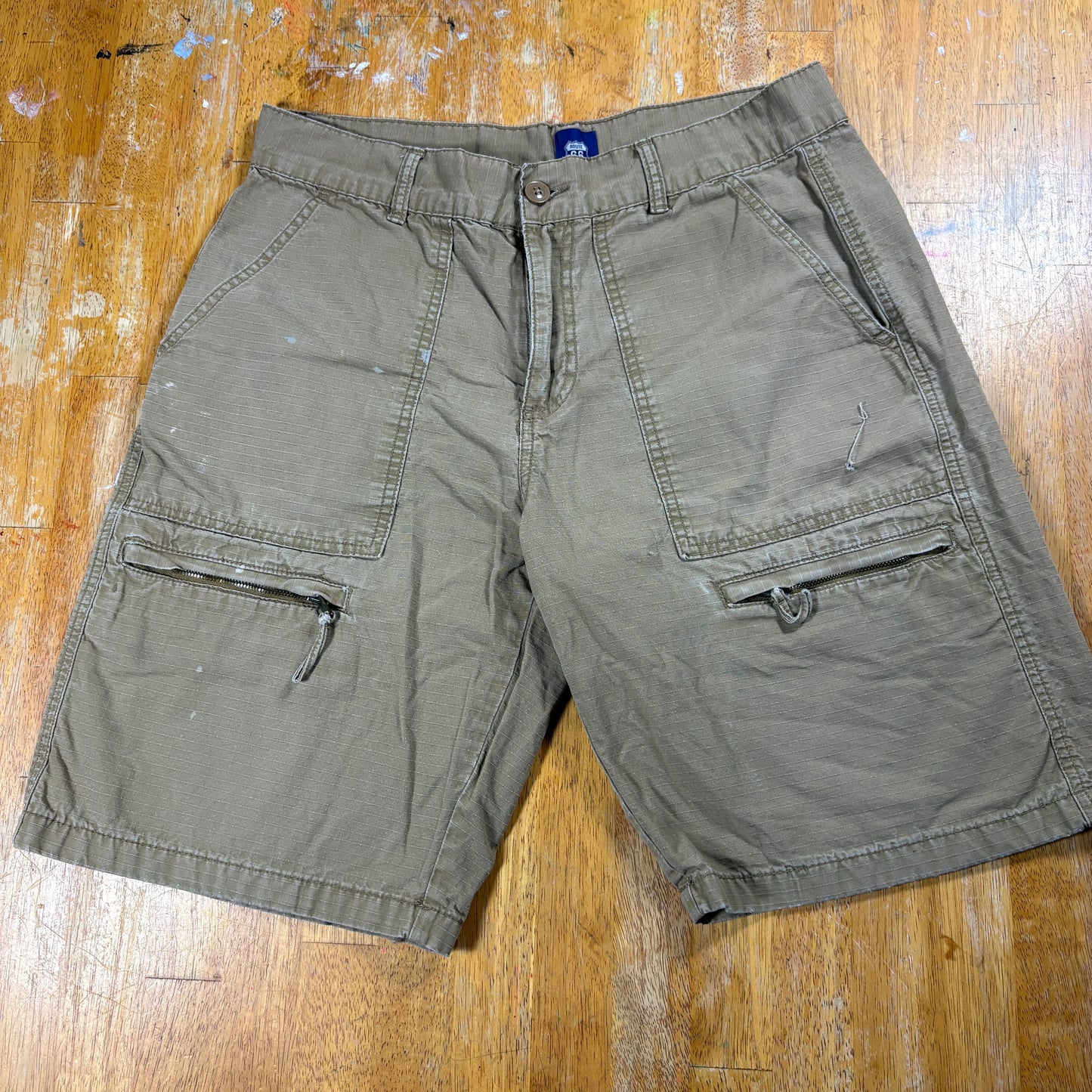 Route 66 Cargo Shorts Men 34 Khaki Vintage Utility Streetwear Cotton Ripstop Fit
